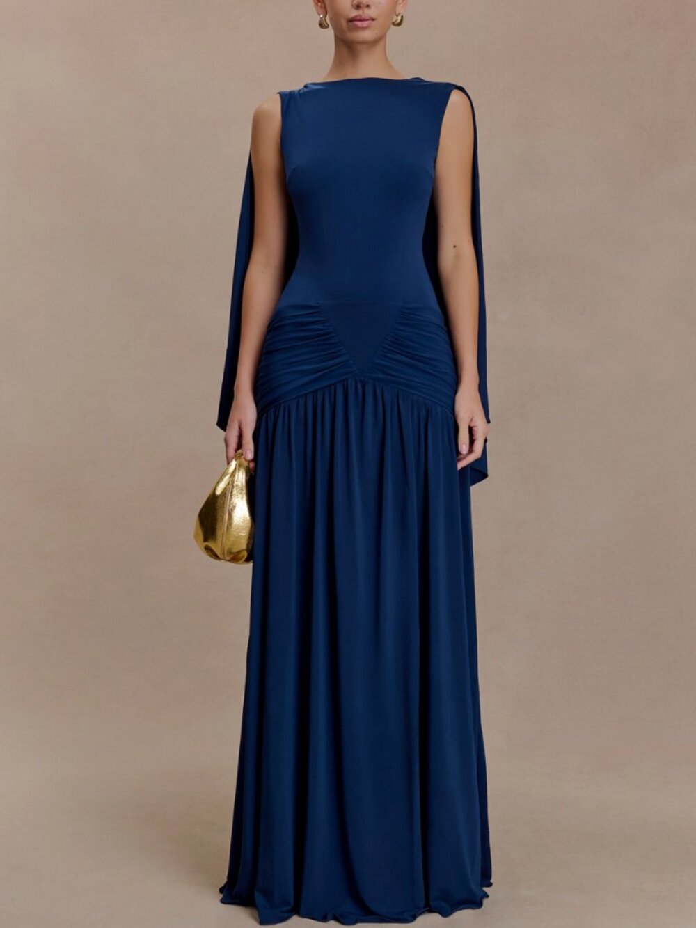 BEST Meshki Emory Jersey Cape Maxi Dress Gown Navy Blue Backless Cocktail Party - Picture 3 of 11